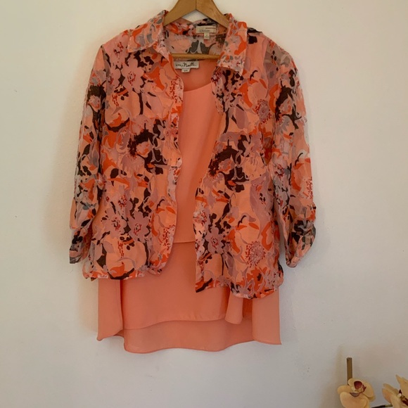Choices Sheer 3/4 Length Sleeve Top with Shades of Peach/Salmon - Picture 5 of 6